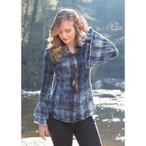 Ryan Michael Indigo Plaid Cowgirl Western Multi Tiered Rodeo Shirt Sz Medium EUC